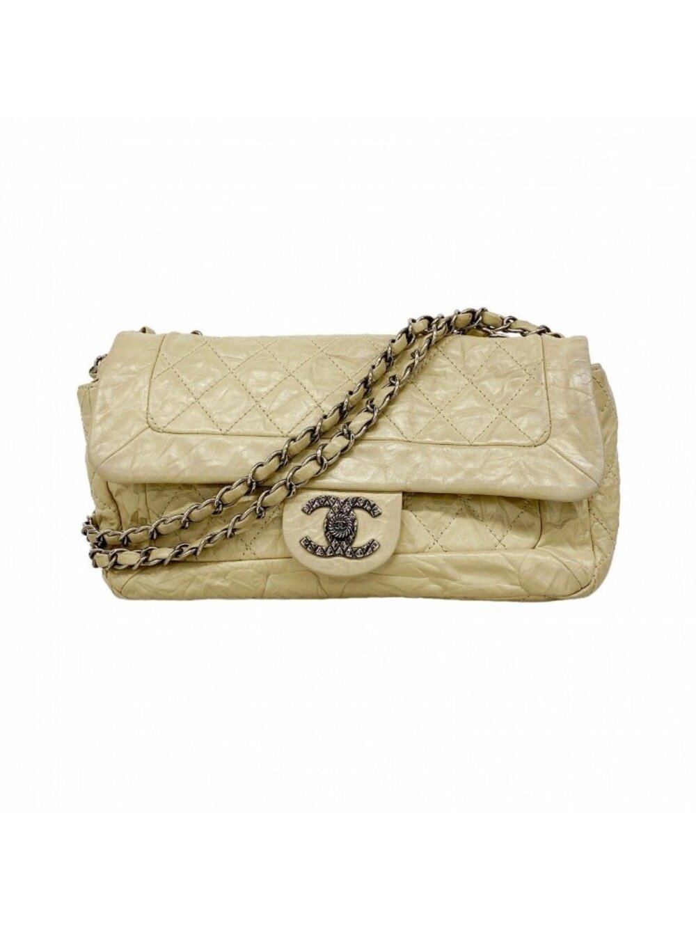 Chanel Shoulder Bag Quilted Calfskin Beige Silver